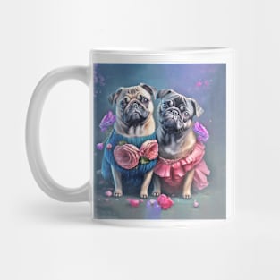 Pug Dogs in Blue and Pink Flowers Mug